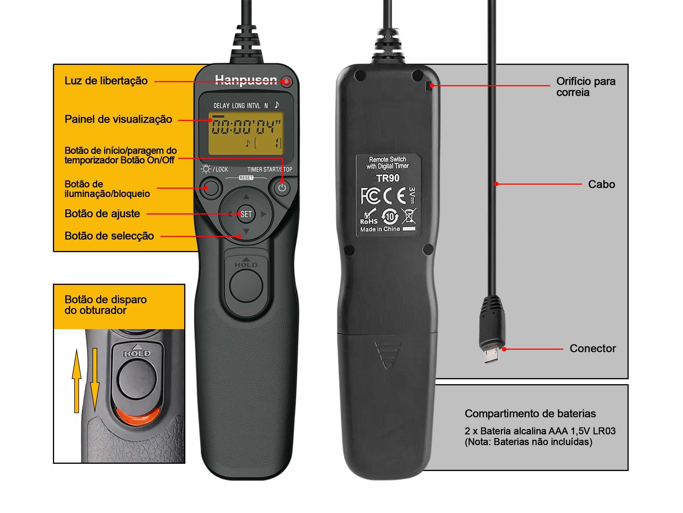 Temporizador disparador de controlo remoto para Sony (Conexão S8)