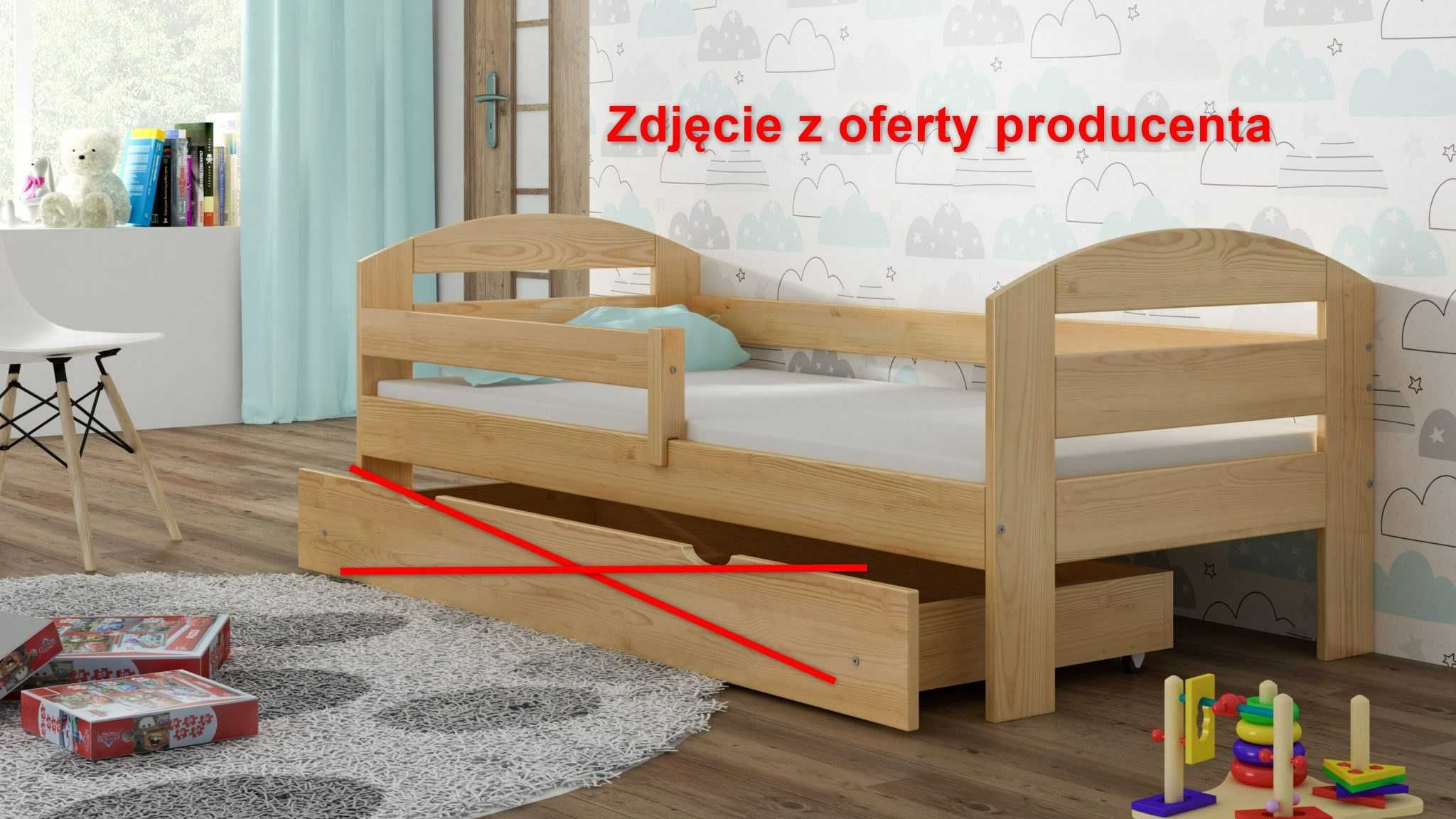 Drewniane łóżko dziecięce, barierka zabezpieczająca, materac - 2szt.