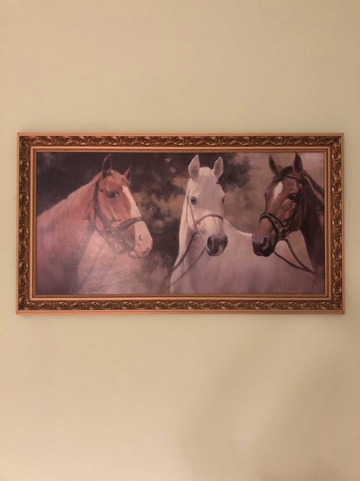 Piękny duży obraz z cudowną złotą ramą - Trzy konie