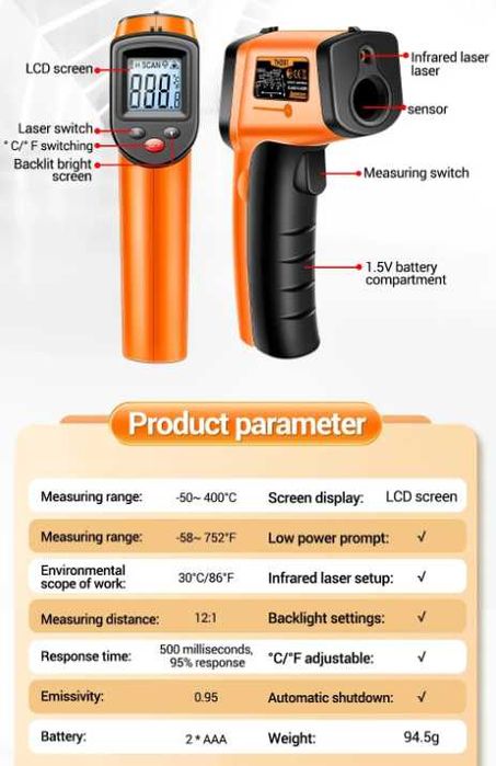 Termómetro digital Temperatura Infravermelho -50c a +400c