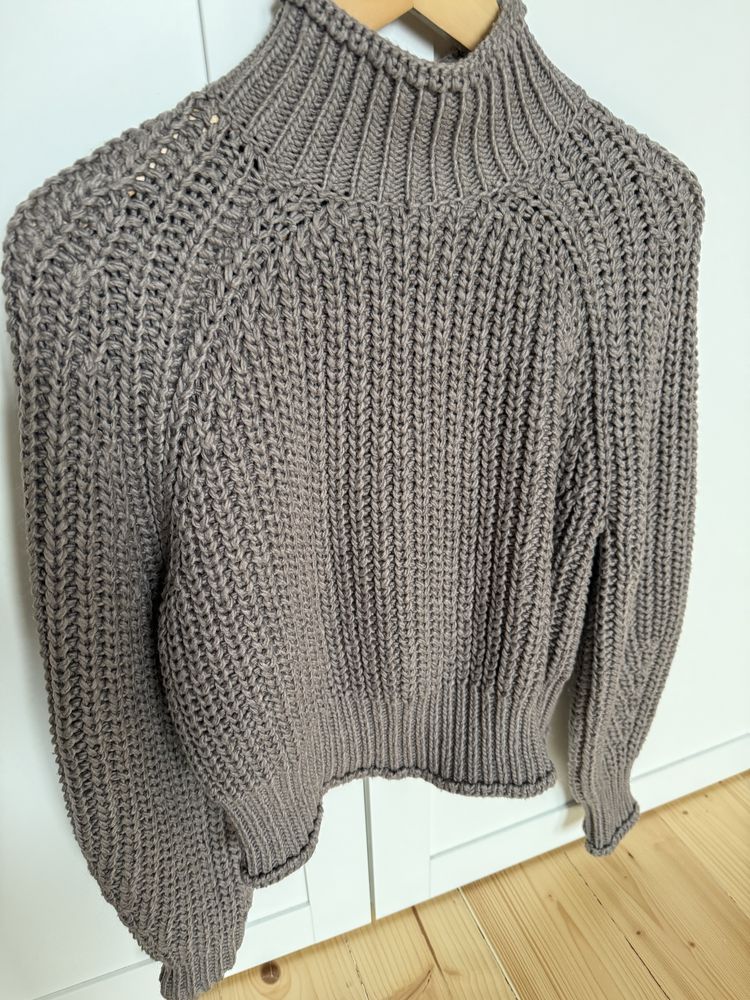 Gruby sweter H&M S/36 khaki polgolf