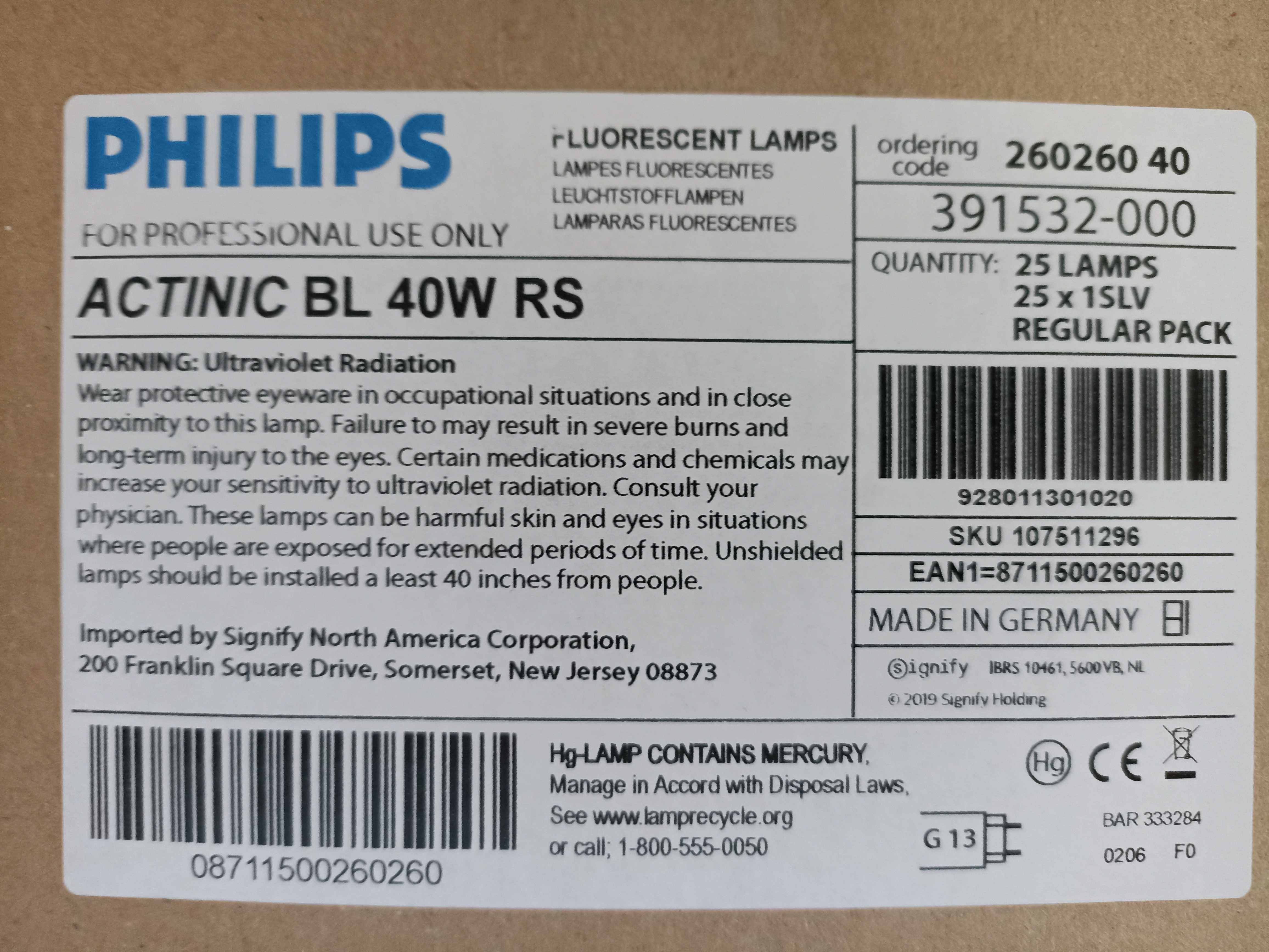 Лампа ультрафиолетовая PHILIPS Actinic BL TL 40W/10 G13