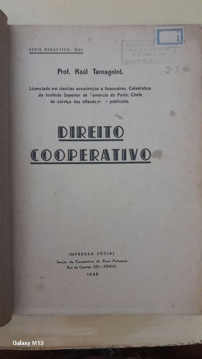 Livro Direito Cooperativo prof.Raúl Tamagnini 1935