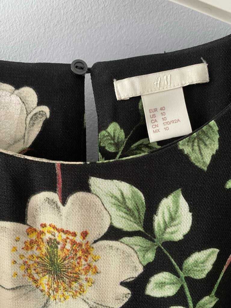 H&M Sukienka tunika czarna w kwiaty długi rękaw 40