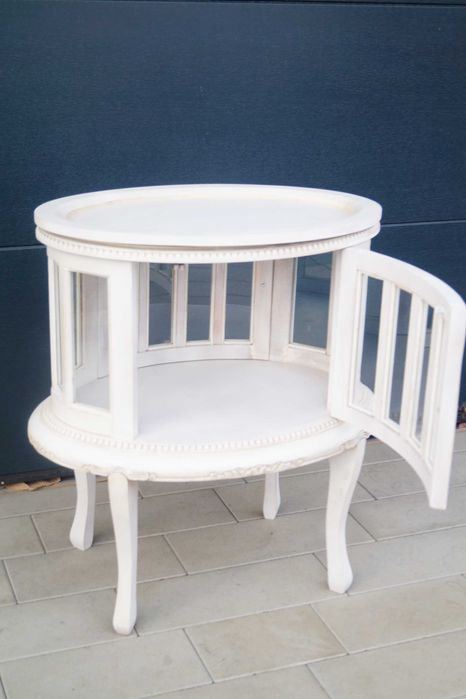 Drewniany Francuski Barek na Alkohol z Taca Konsolka  biały prowansja