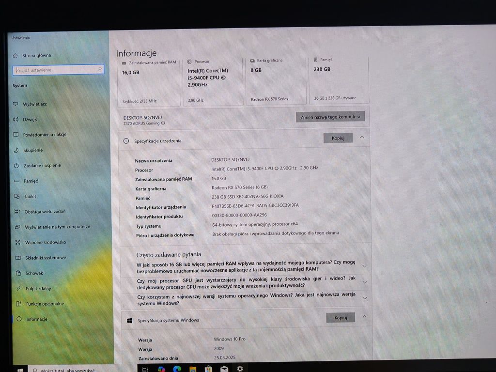 Komputer gamingowy I5-9400f, 16 GB RAM,  ssd, rx 570 - 8gb.