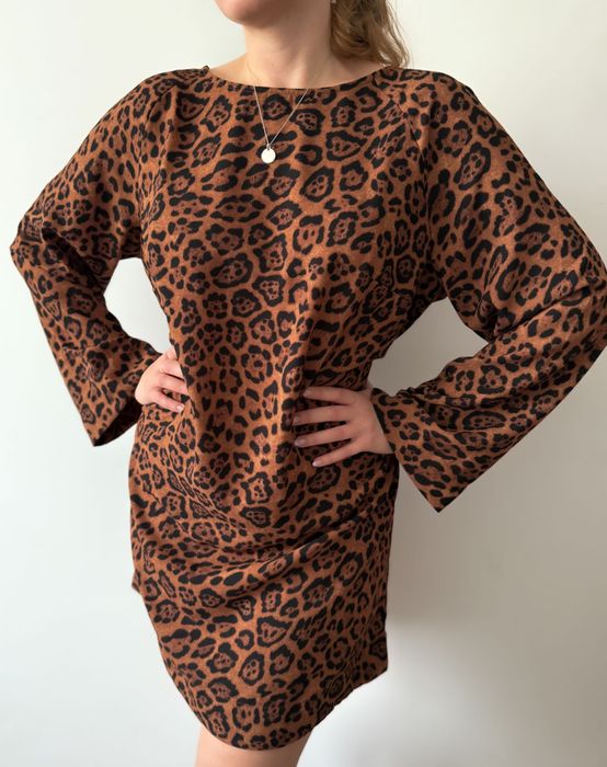 Panterkowa sukienka szerokie rękawy H&M 40 L brązowa do kolana pantera