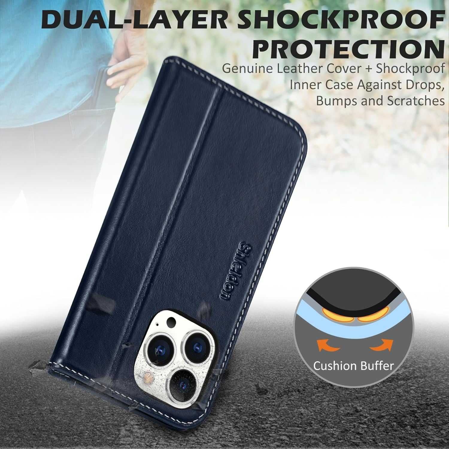 SHIELDON Etui do iPhone 15 Pro Max 5G granatowe skóra