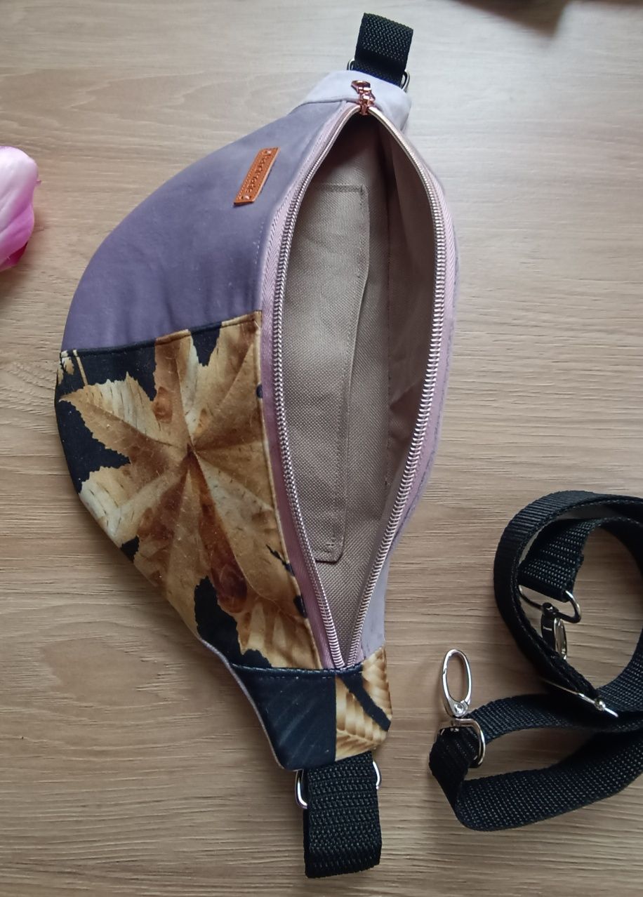 Nerka saszetka liliowa złoty liść handmade