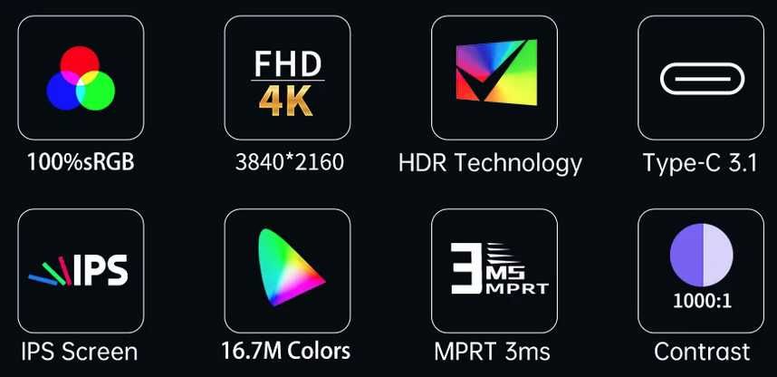 Портативний монітор HGFRTEE 14", 4K (3840×2160), IPS, 100% sRGB,