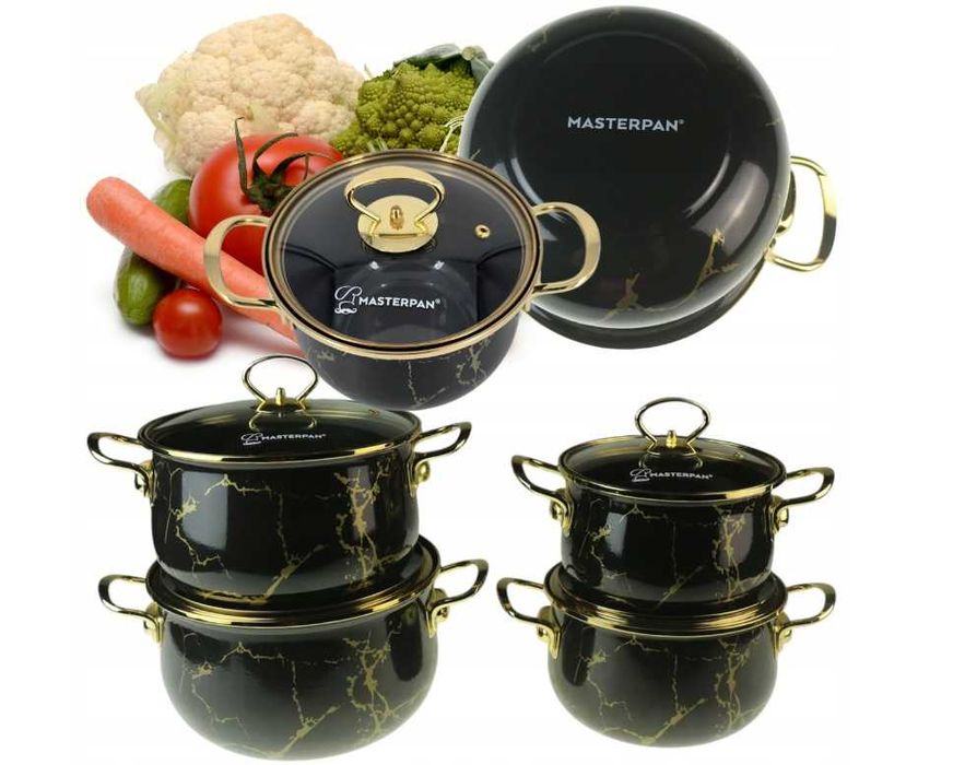 Garnki emaliowane 4 szt. z Pokrywkami -  PREMIUM MARMUR 3 KOLORY!