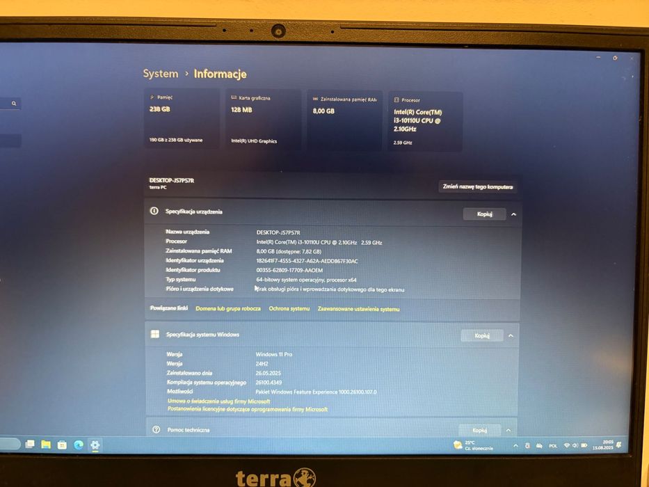 Laptop Terra i3-10110U / 8 GB RAM / SSD 238 GB / Windows 11 Pro