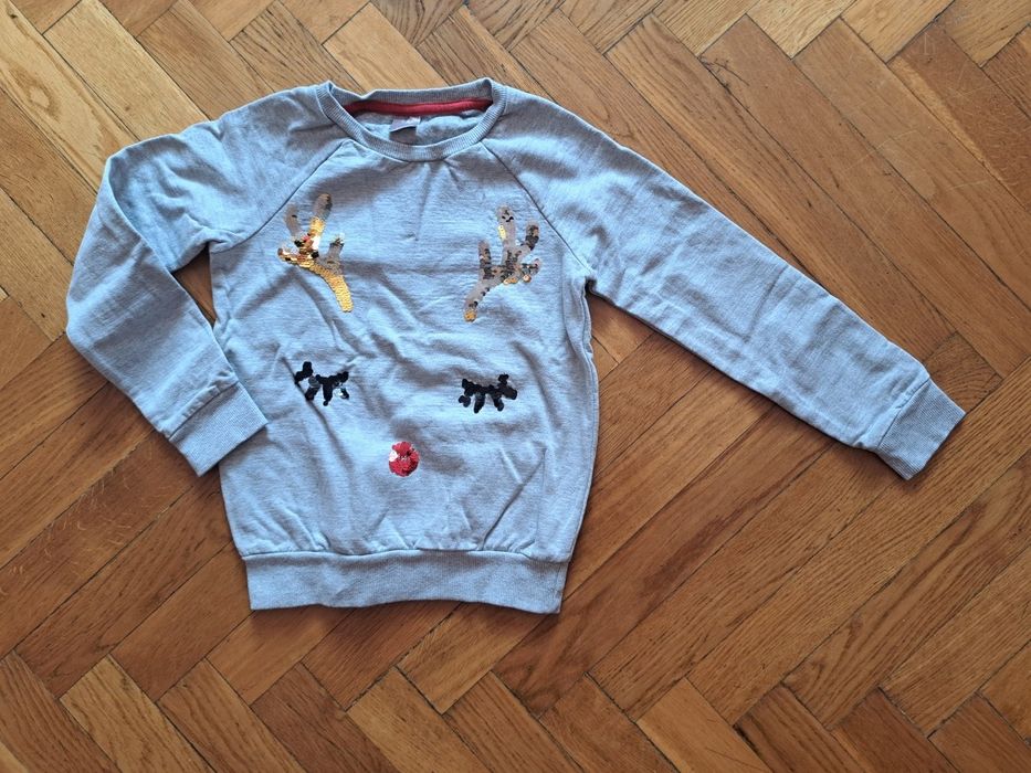 Bluza renifer 134 świąteczna szara obracane cekiny
