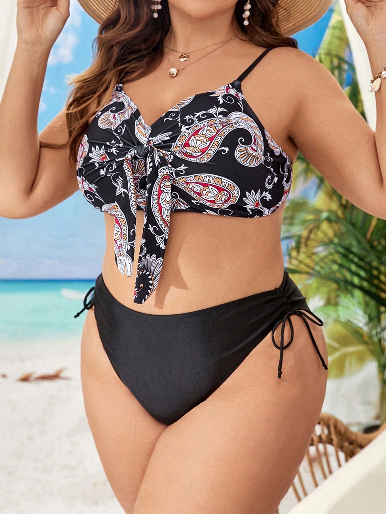 Strój Kąpielowy Bikini Paisley Marszczony Twist Figi Czarny Shein 4Xl