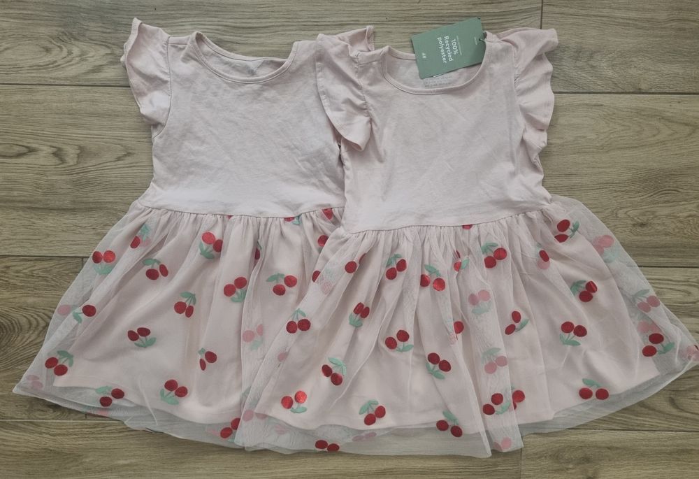 2 x Sukienka tiul róż wisienki dziewczynki 98/104 / H&M / Bliźniaczki