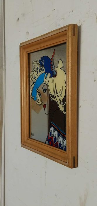 Pintura VINTAGE sobre espelho, assinada "José". Emoldurada
