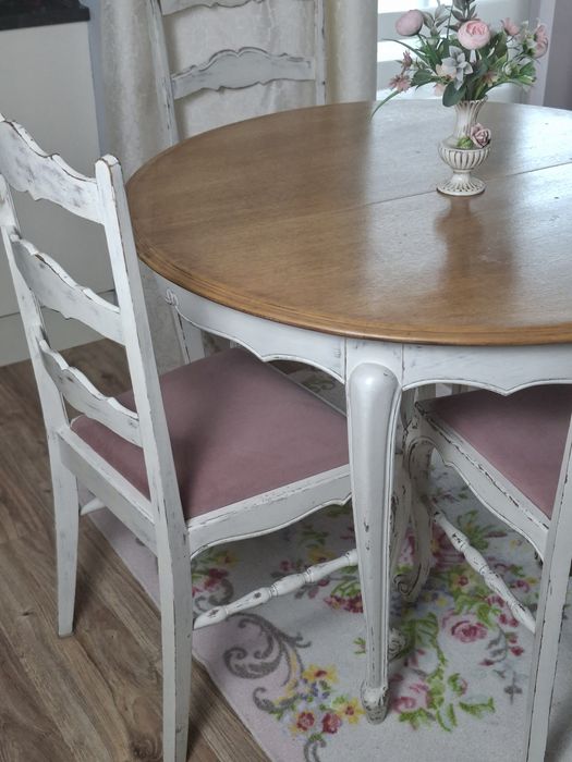Drewniany stół okrągły +4 krzesła białe w stylu ludwika shabby chic