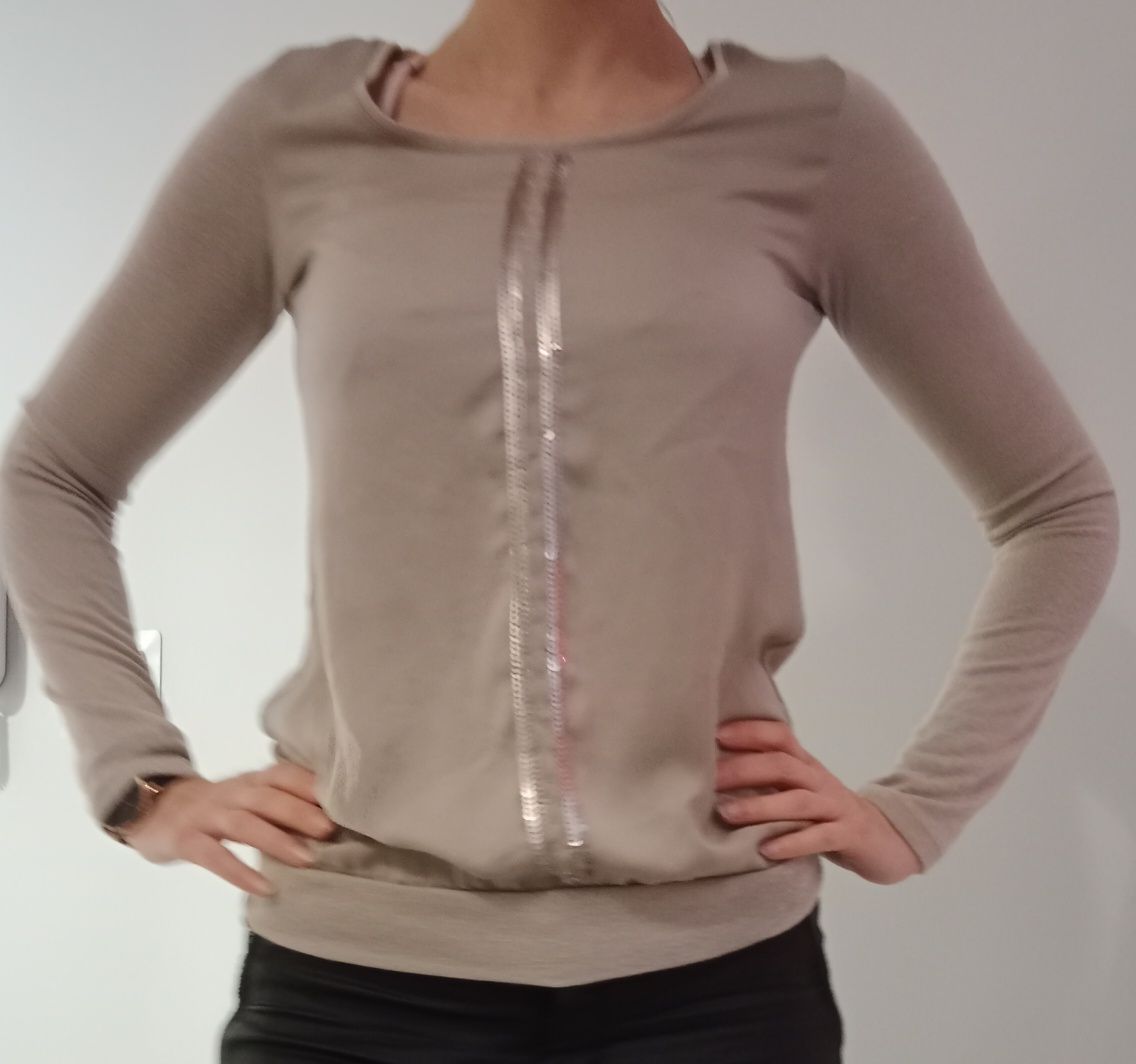 Orsay elegancka bluzka beżowa XS S 36 34 święta praca Andrzejki cekiny