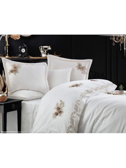 Постельное белье Dantela Vita Safir krem премиум сатин с вышивкой евро