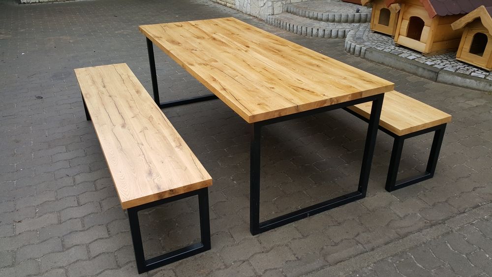 Komplet drewniany stół ławki metalowe drewno meble loftowe industrial