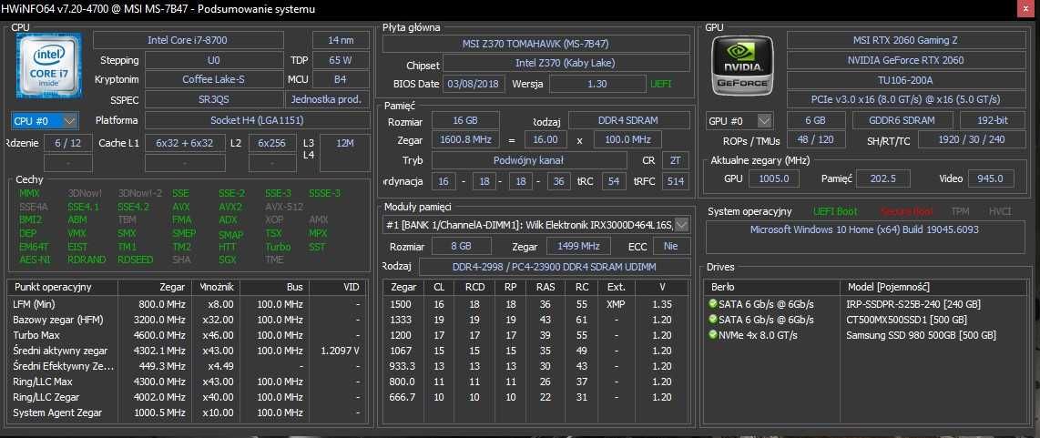 Intel I7 8700 + MSI Z390 Tomahawk + GoodRam 16GB + Fera 3