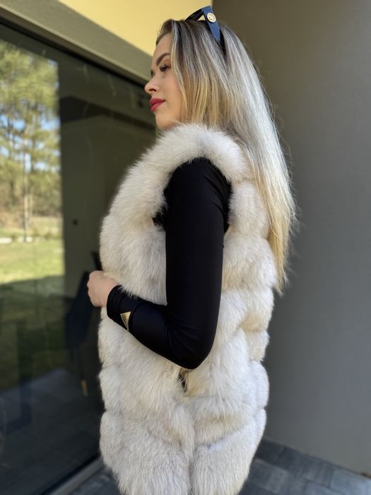 Kamizelka z lisa białego futro naturalne zamsz skóra s/m