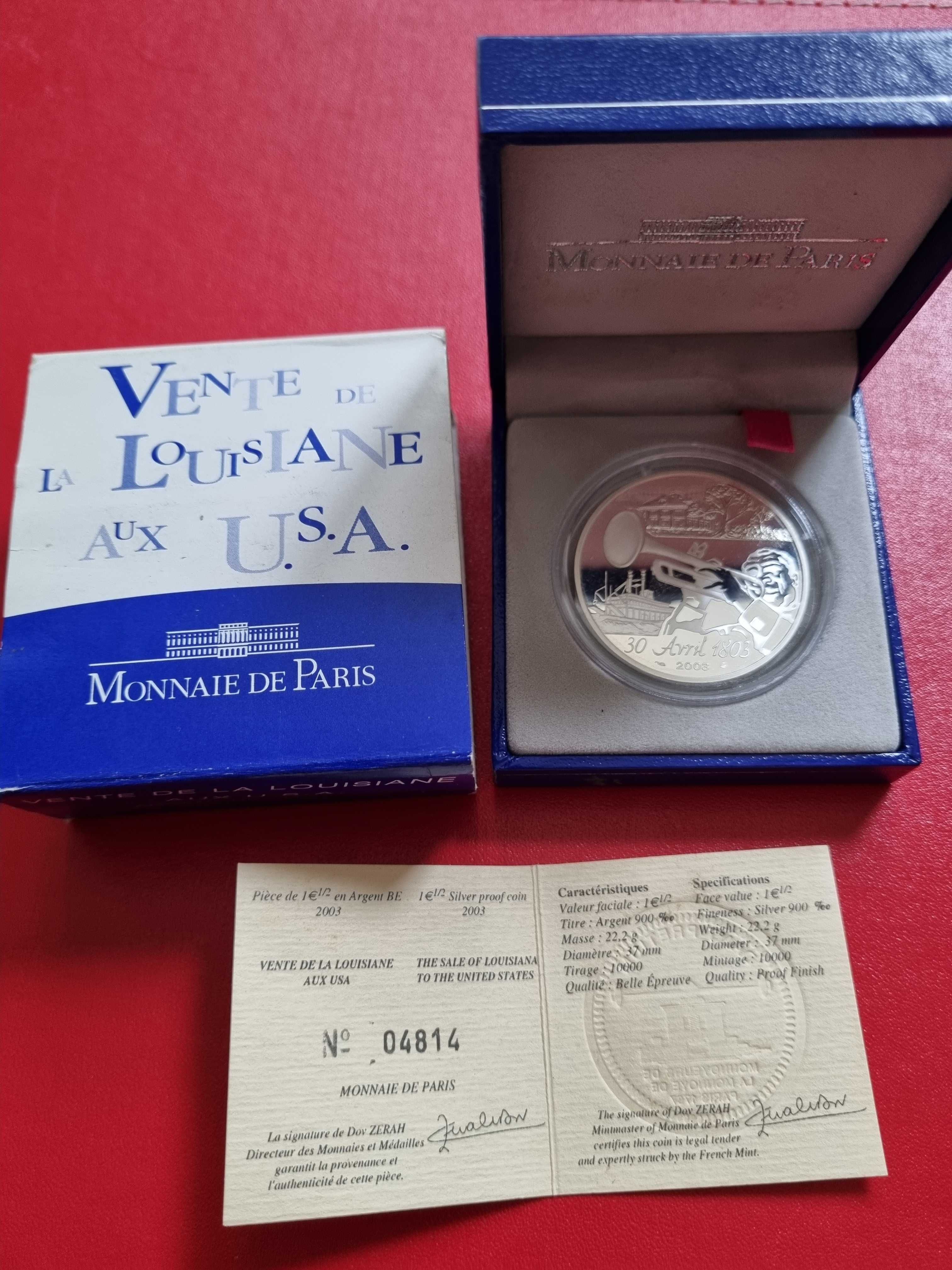 Francja 1,5 Euro Vente De La Louisiane AUX USA 2003 Srebro Ag