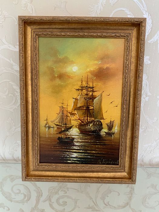 Картина известного художника. Корабль под Голландцев . Холст, масло.