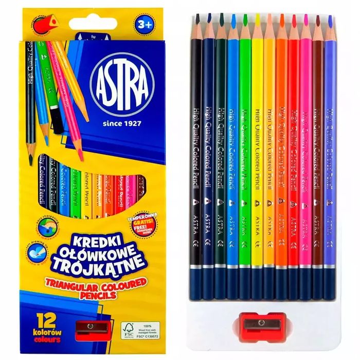Kredki ołówkowe trójkątne (12 kolorów). Astra