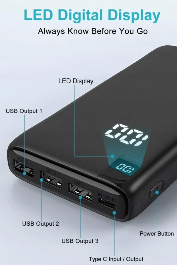 Powerbank Riapow 26800 mAh czarny/Black Przenośna ładowarka 4 wyjścia