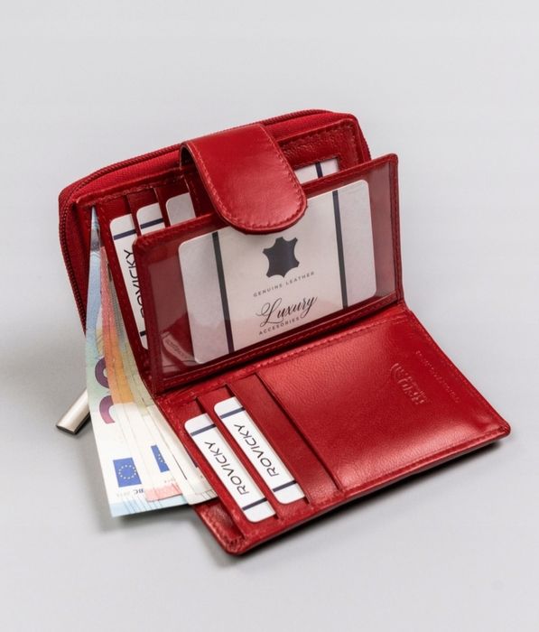 Skórzany portfel damski z systemem RFID Protect luxury nowy czerwony