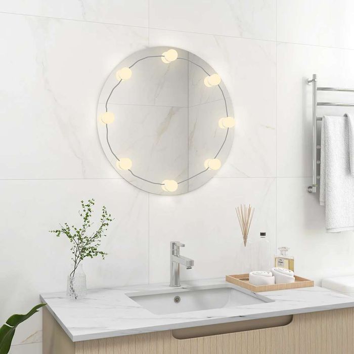 Lustro Ścienne Z Lampkami Led, Okrągłe, Szklane