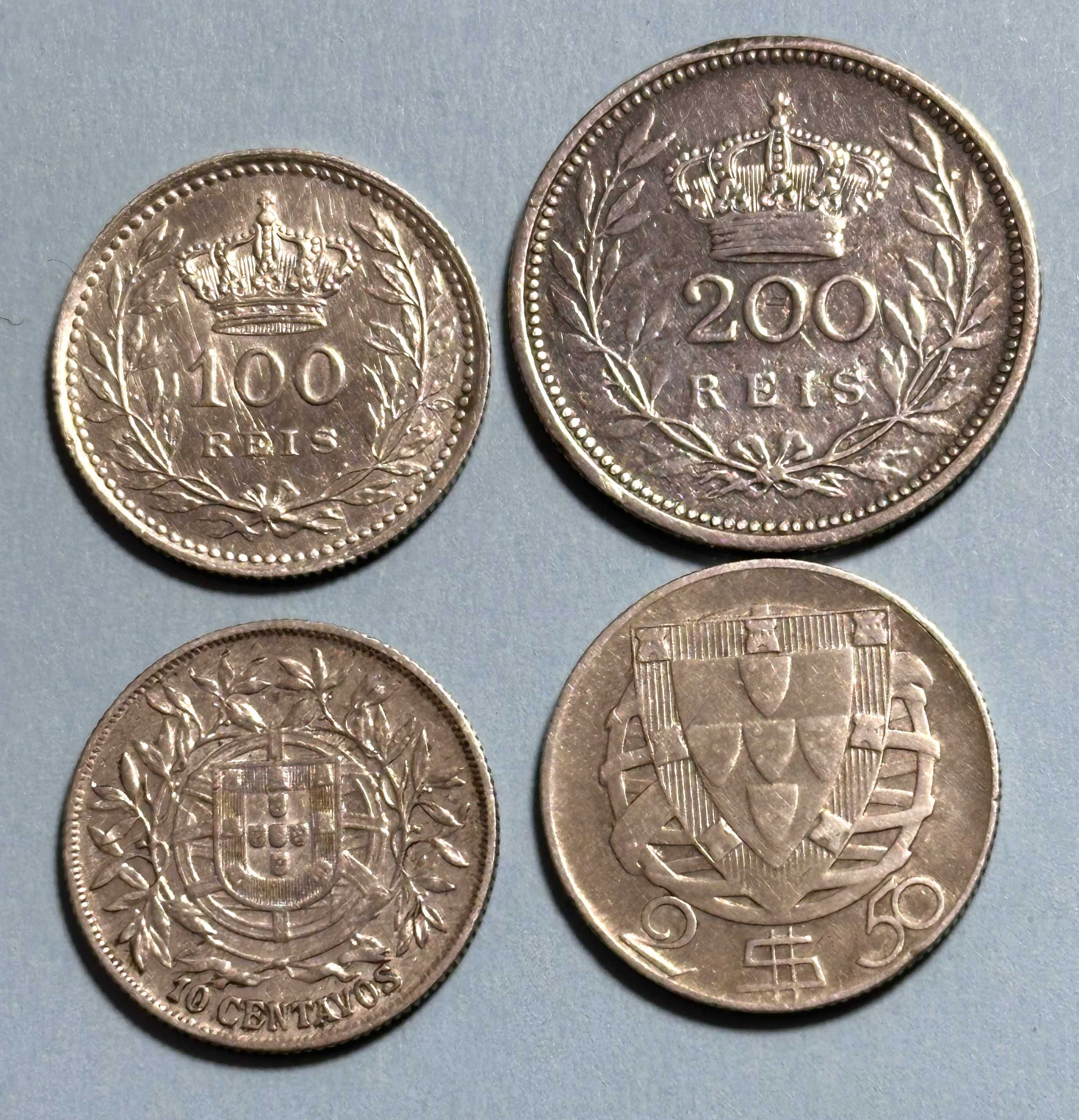 4 moedas: 100 réis 1910;200 réis 1909;10 cent 1915 e 2,50 escudos 1932