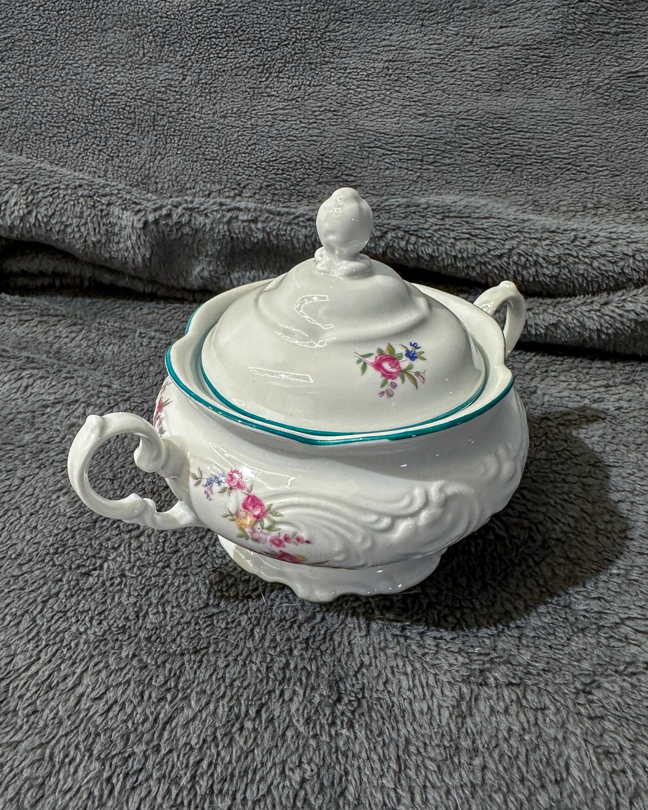 Serwis kawowy Wałbrzych – Fryderyka, kwiaty, turkus, porcelana 23 el.