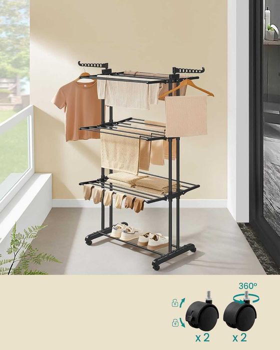 Suszarka na pranie 4 poziomy, składane skrzydła 63,5x128x173 cm czarna