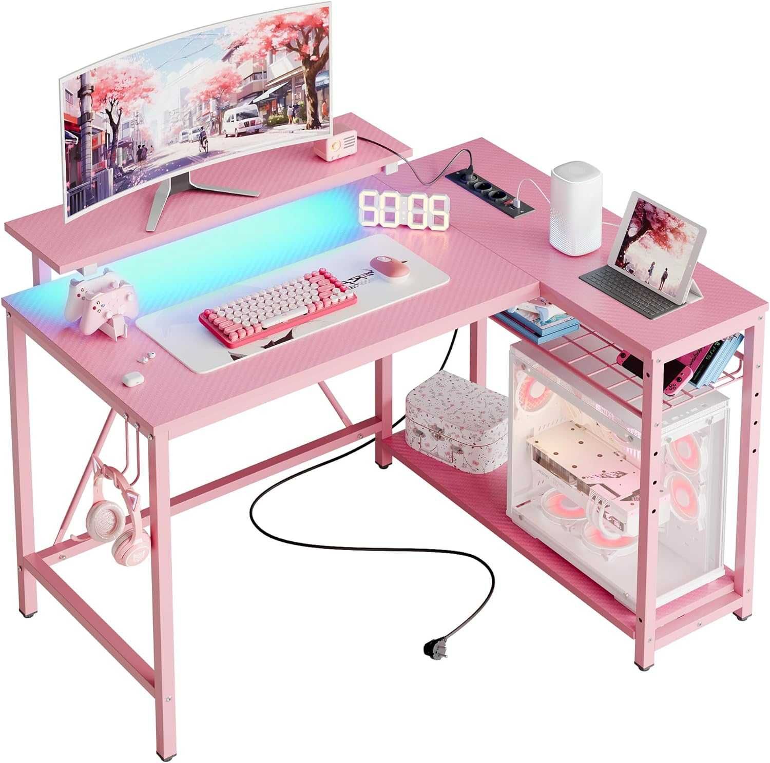 Mesa de gaming fibra de carbono secretária rosa 106x80 com LED /tomada