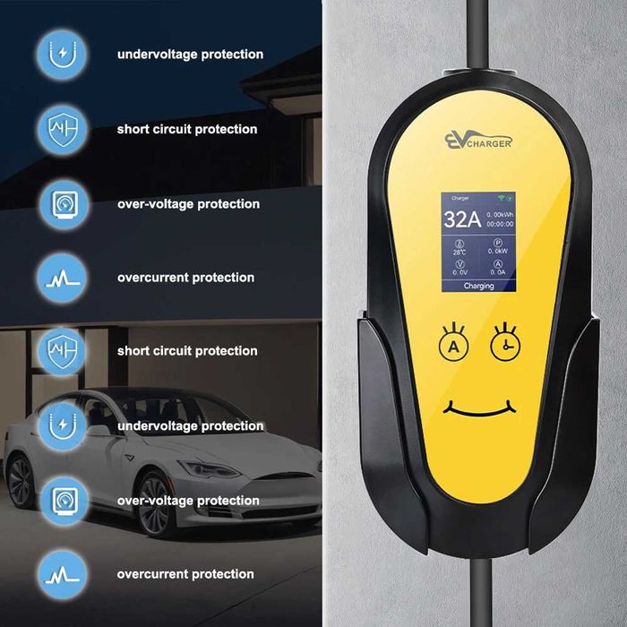 Зарядка авто 32A 7 KW 1 фаза type 1, type 2, GBT, Tesla WIFI 3,5м.