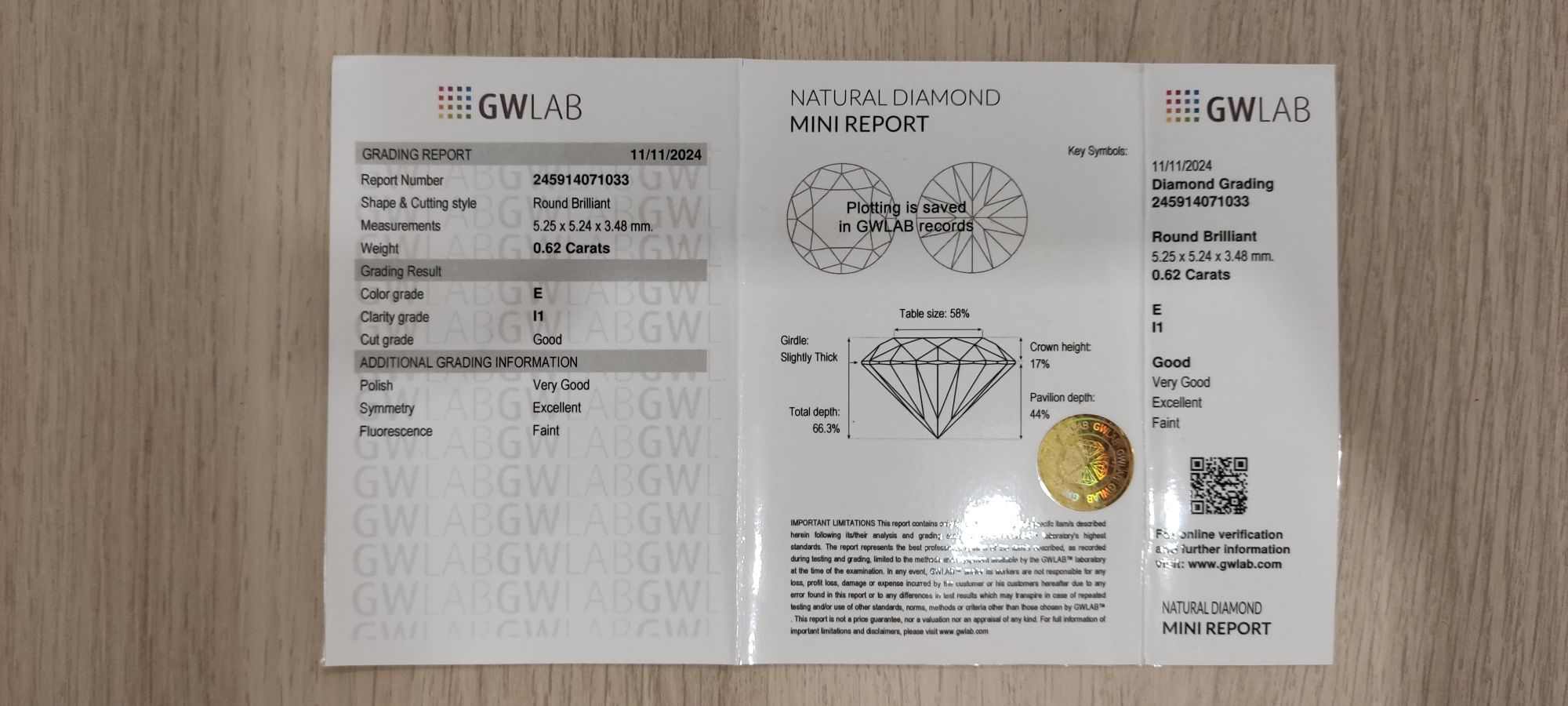 Diamante (Natural) - 0.62 ct - Redondo - E - I1 com Certificado