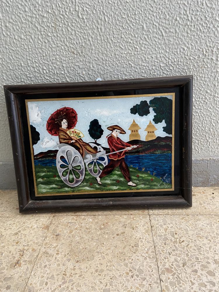 Quadro a oleo pintado em vidro motivo chines