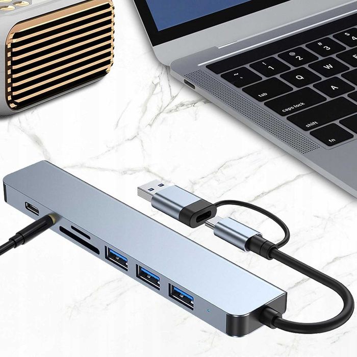 Hub adapter USB-C 8w1 – przejściówka, czytnik USB 3.0, audio
