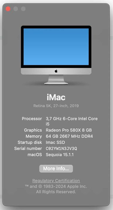 iMac 27 Retina 5k 2019 Core i5/64GB/3Tb/Radeon PRO 580 8GB