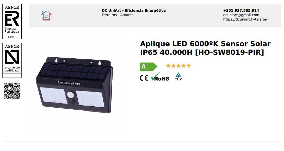 Aplique LED 6000ºK Sensor Solar IP65 40.000H