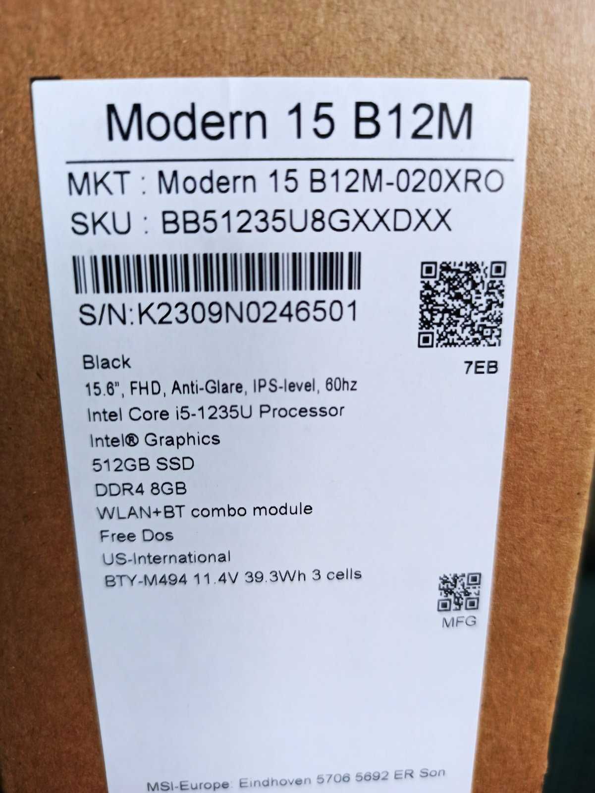 MSI Modern 15 B12M-020XRO  / 15.6" IPS/ i5-1235U / 8GB/  512GB