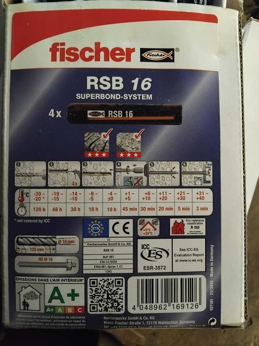 Ampułki żywiczne Fisher RSB16 + szpile M16 40 sztuk