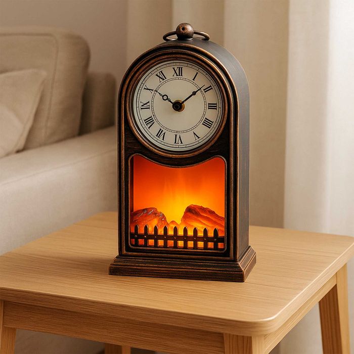 Zegar kominkowy LED retro 35 cm – efekt płomieni, USB / baterie R14