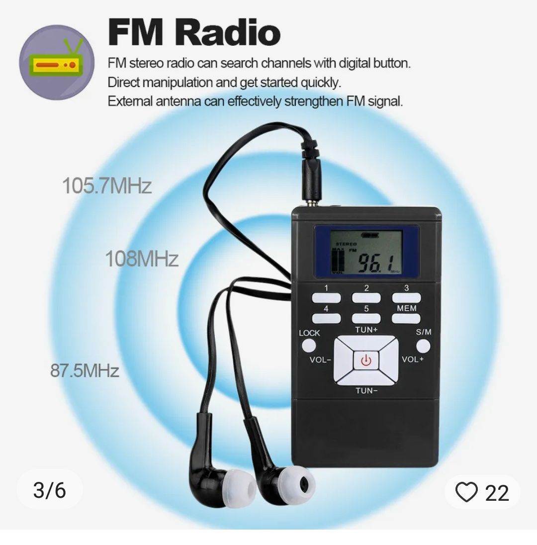 Стерео ФМ приемник FM радио карманный с часами