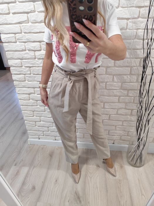 Beżowe spodnie z wysokim stanem 34 XS