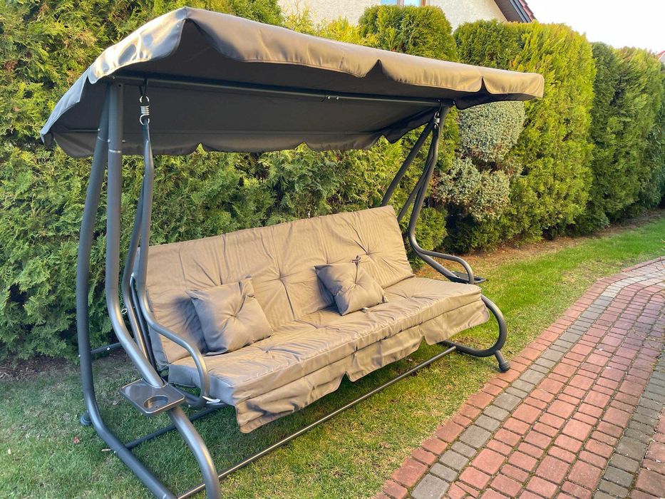 NOWA Duża Huśtawka Ogrodowa Rozkładana 2w1 4 os 300 kg Daszek Leżak