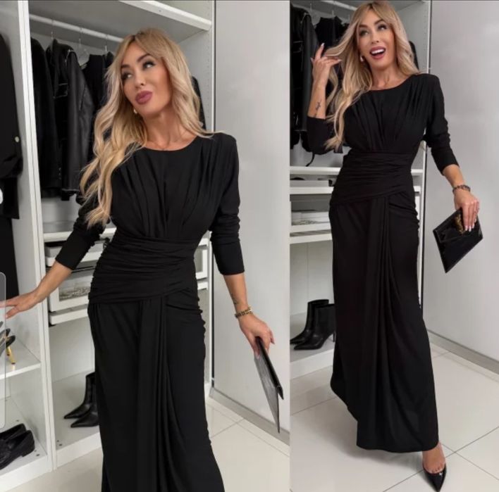 Sukienka maxi czarna z marszczeniami ostatki wesele Varlesca Chicaca