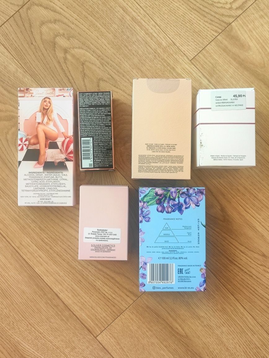 Opakowania po perfumach Sabrina Carpenter, Cacharel, Zara, s.Oliver, B